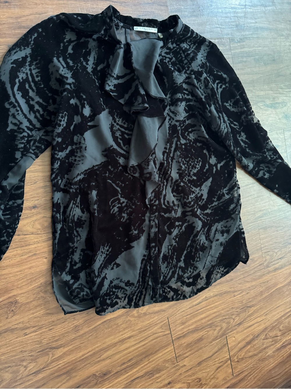 T Tahari Black & Charcoal Velvet Burnout Ruffle Blouse